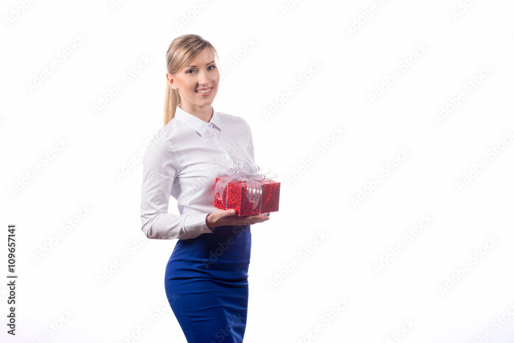 girl with the gift posing on a white background. isolate girl with the gift posing on a white background. isolate