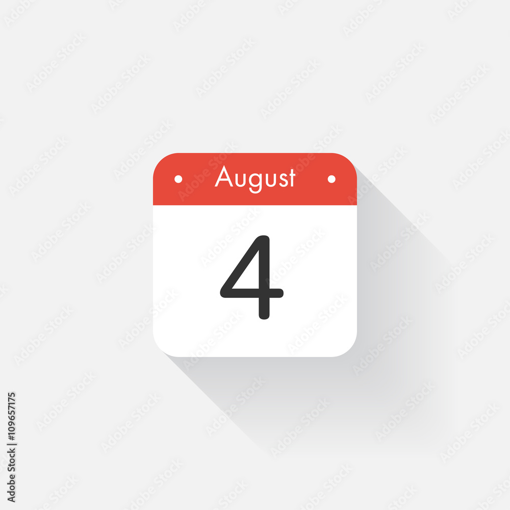 Calendar Icon with long shadow. Flat style. Date,day and month. Reminder. Vector illustration. Organizer application, app symbol. Ui. User interface sign. August. 4 Calendar Icon with long shadow. Flat style. Date,day and month. Reminder. Vector illustration. Organizer application, app symbol. Ui. User interface sign. August. 4