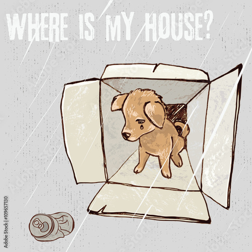 Sad homeless puppy looking for a home, vector color sketch/Abandoned puppy in a box, animal cruelty, hand drawn illustration