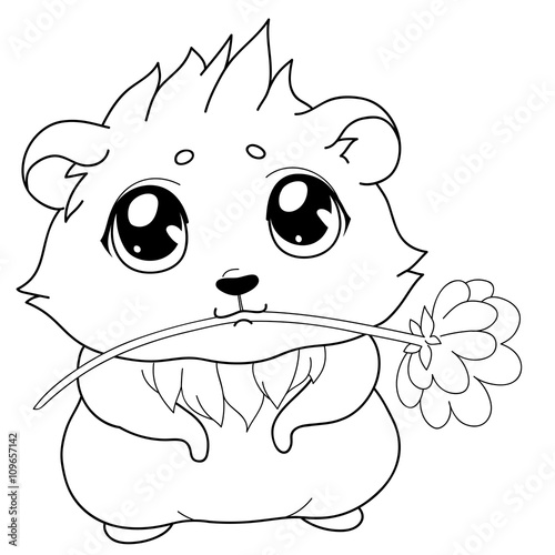 Cavy with a flower - emoticons icon gift, gift emoji/Cartoon guinea pig, line drawing, emoticon with gift, isolated on transparent background