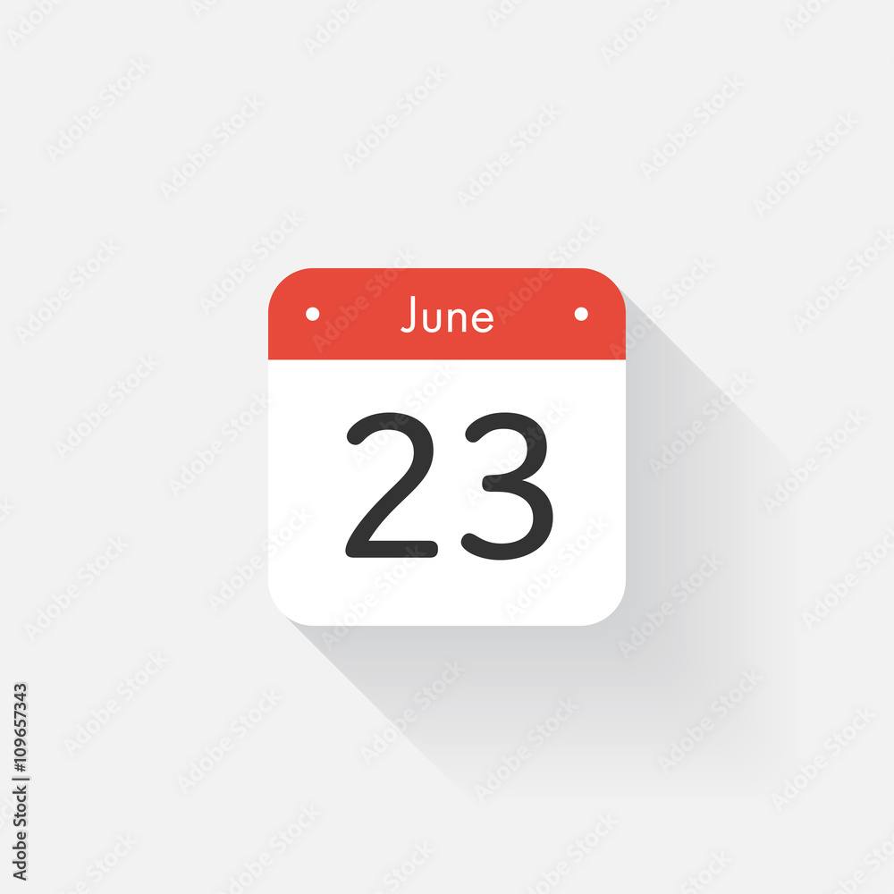 Calendar Icon with long shadow. Flat style. Date,day and month. Reminder. Vector illustration. Organizer application, app symbol. Ui. User interface sign. June. 23 Calendar Icon with long shadow. Flat style. Date,day and month. Reminder. Vector illustration. Organizer application, app symbol. Ui. User interface sign. June. 23