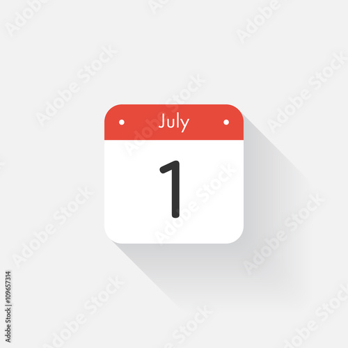 Calendar Icon with long shadow. Flat style. Date,day and month. Reminder. Vector illustration. Organizer application, app symbol. Ui. User interface sign. July. 1