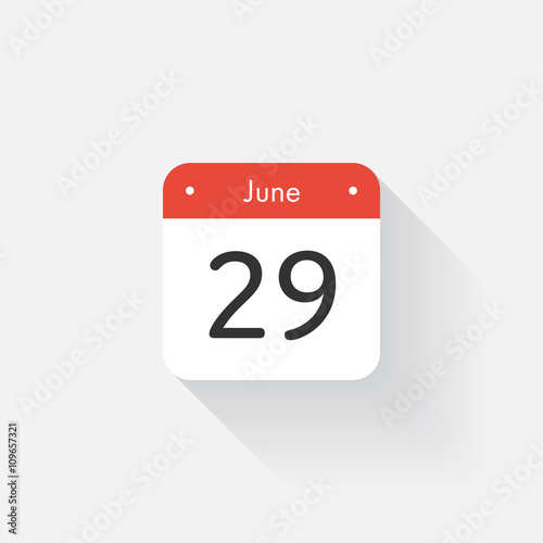 Calendar Icon with long shadow. Flat style. Date,day and month. Reminder. Vector illustration. Organizer application, app symbol. Ui. User interface sign. June. 29