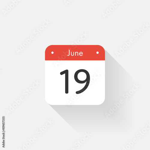 Calendar Icon with long shadow. Flat style. Date,day and month. Reminder. Vector illustration. Organizer application, app symbol. Ui. User interface sign. June. 19