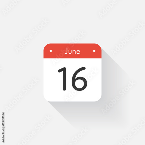 Calendar Icon with long shadow. Flat style. Date,day and month. Reminder. Vector illustration. Organizer application, app symbol. Ui. User interface sign. June. 16