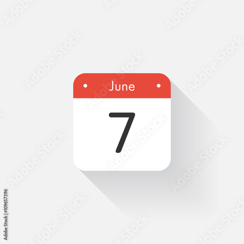 Calendar Icon with long shadow. Flat style. Date,day and month. Reminder. Vector illustration. Organizer application, app symbol. Ui. User interface sign. June. 7