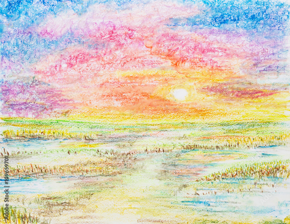 sunset landscape oil pastel painted