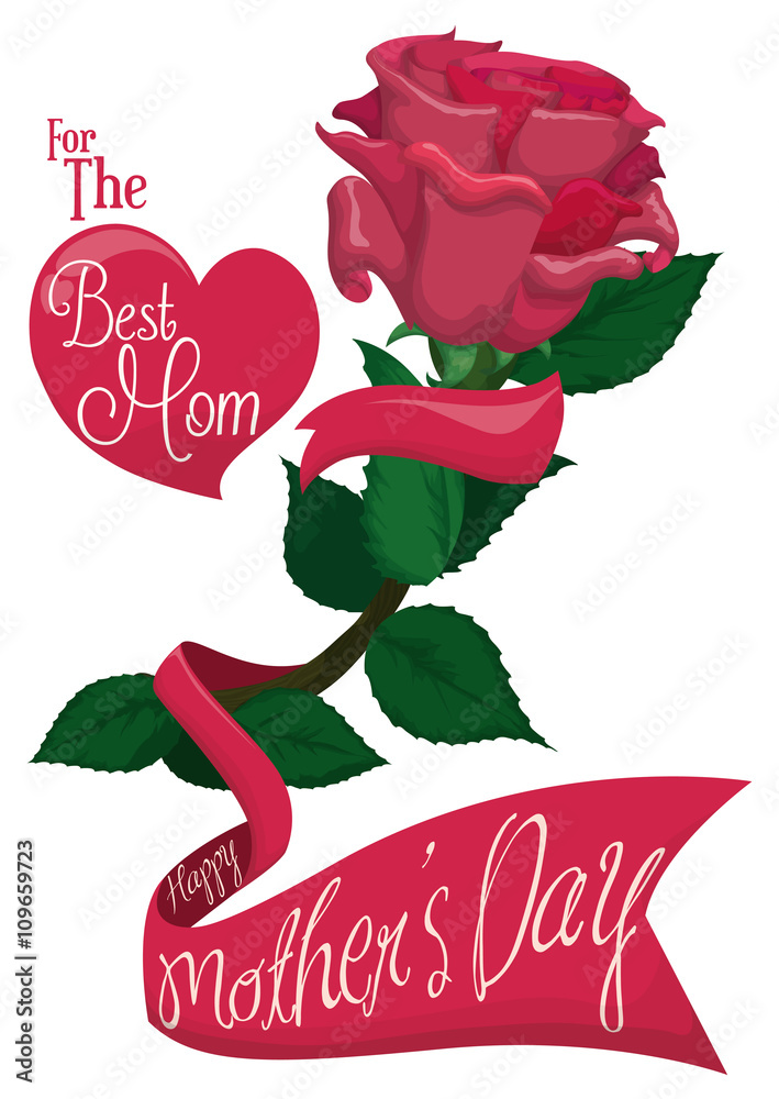 Pretty Pink Rose with Ribbon Across for Mother's Day, Vector Illustration - obrazy, fototapety, plakaty 