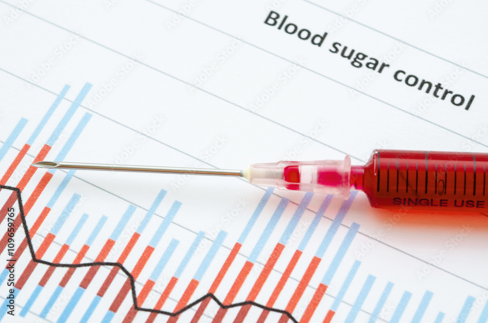 Sample blood for screening diabetic test in blood syringe. Sample blood for screening diabetic test in blood syringe.