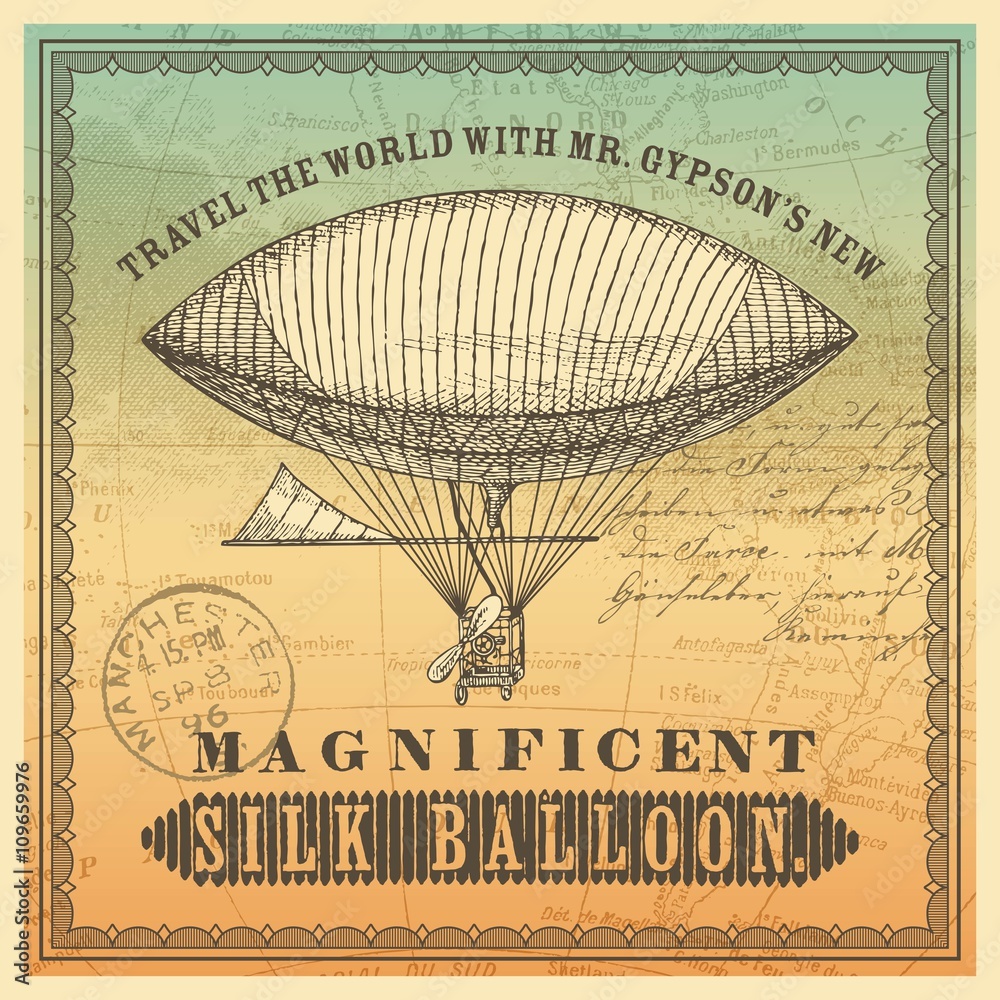 Fototapeta premium vintage travel themed label/background with dirigible