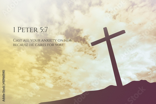 1 Peter Vintage Bible Verse Background on one cross on a hill
