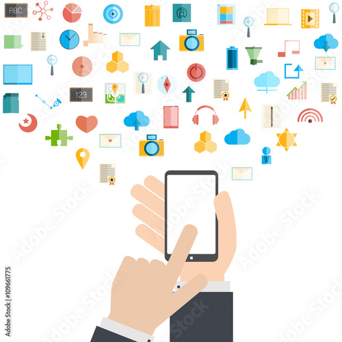 Wallpaper Mural Smart phone and cloud technology with social network icons backg Torontodigital.ca