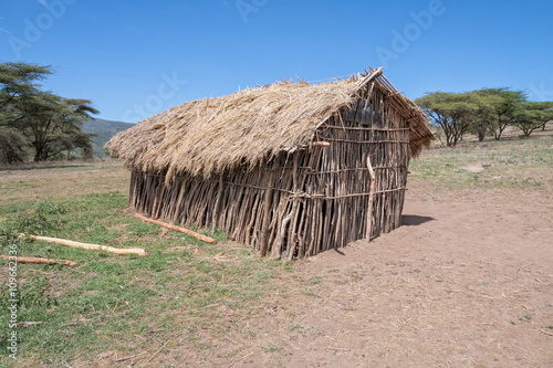 Small Maasai village school with stockade walls sink to one side under thatched roof on flat meadow against blue sky background. Serengeti National Park, Tanzania, Africa. 