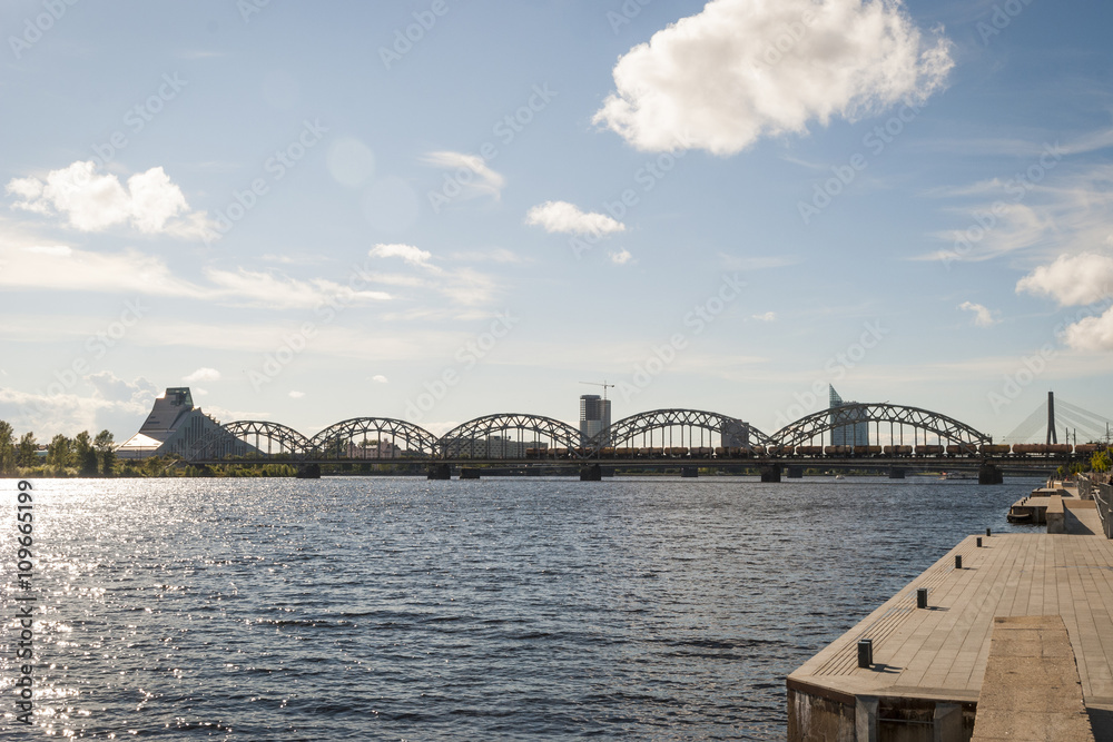 View on railway bridge over Daugava river in Riga