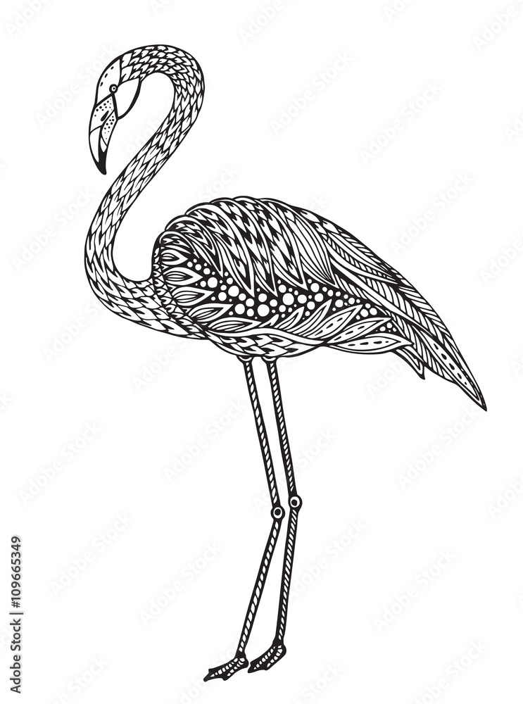 Obraz premium Ręcznie rysowane ptak flamingo w ozdobny ozdobny doodle stylu.