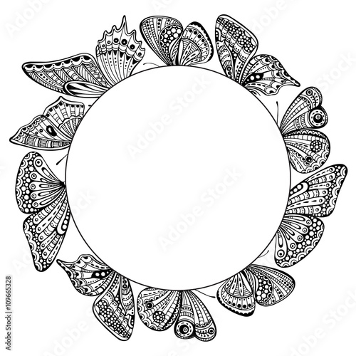 Vector template with ornate doodle hand drawn butterflies.