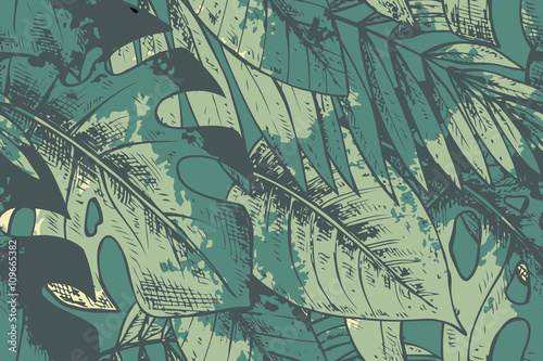 Seamless pattern with green hand drawn tropical plants