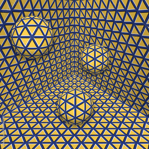 Visual illusion illustration. Three balls are moving on in the yellow blue expanding corner. Abstract fantasy in a surreal style.
