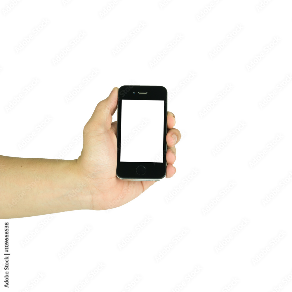 man holding smart phone similar to iphone with isolated screen i man holding smart phone similar to iphone with isolated screen i