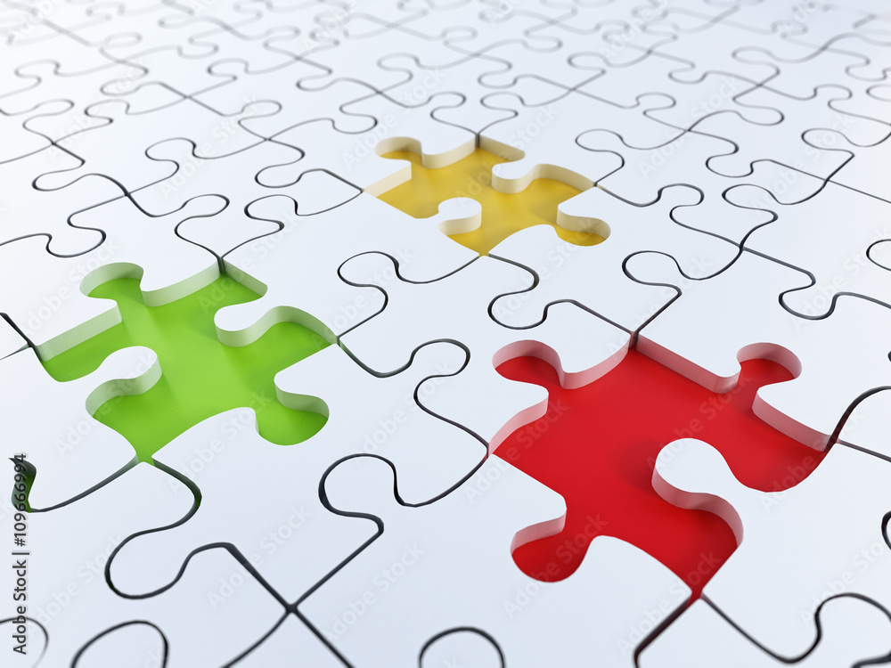 Jigsaw puzzle background with green, yellow and red holes Jigsaw puzzle background with green, yellow and red holes