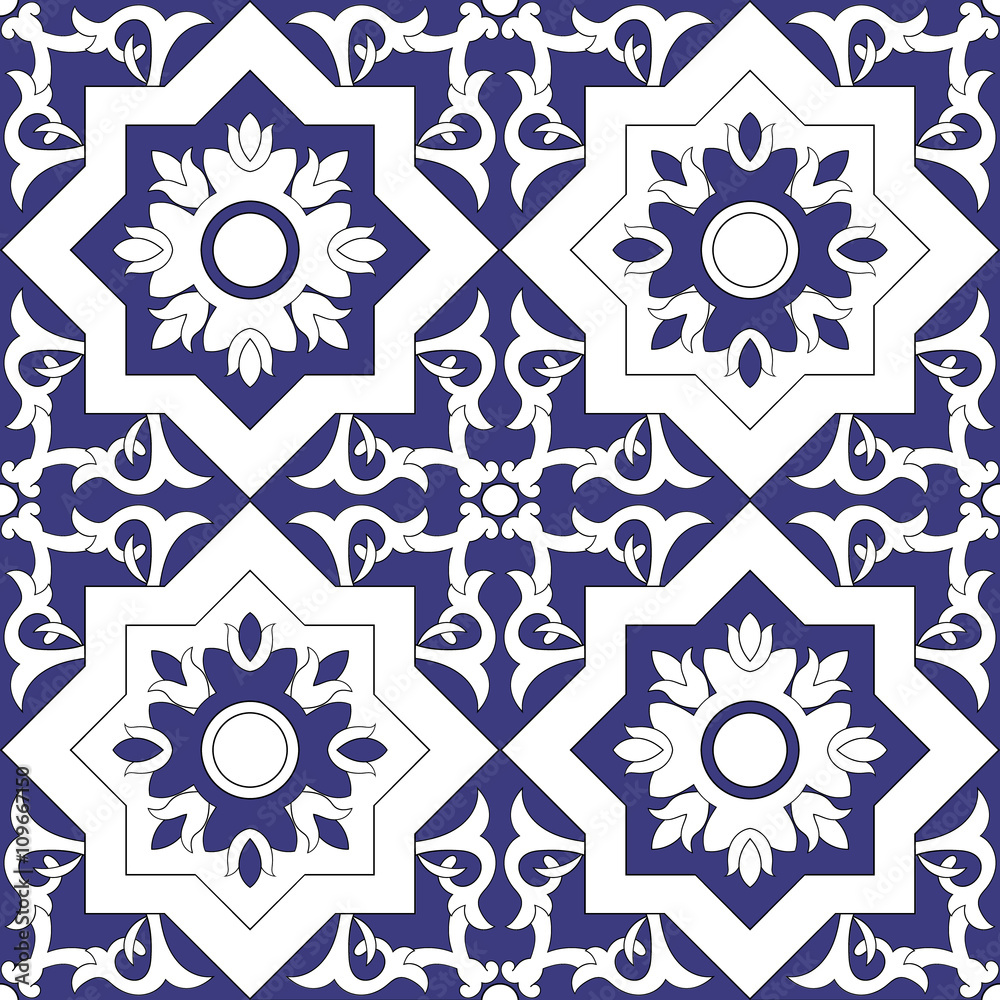 Ornamental pattern seamless vector blue and white color. Azulejo, portuguese tiles, celtic, spanish, moroccan, talavera, turkish or delft dutch tiles design with flowers motifs.