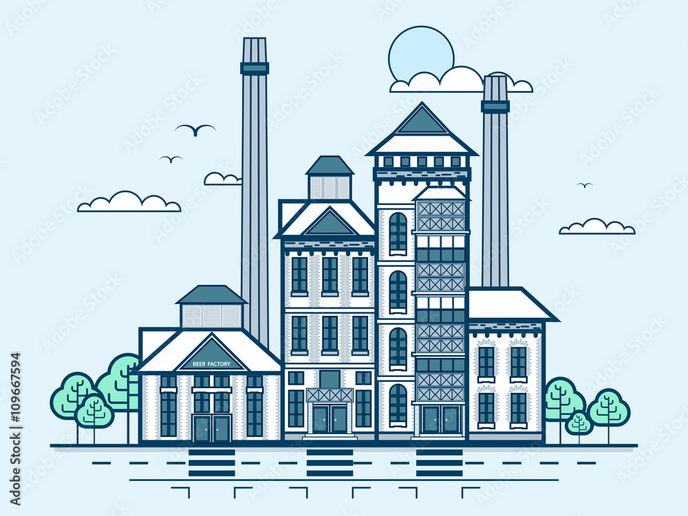 Obraz premium city street with brewery, modern architecture in line style