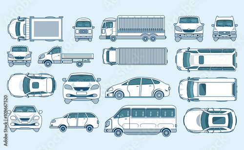 yellow car hatchback, delivery truck, light truck with trailer, minibus, sedan top, front, side view line style