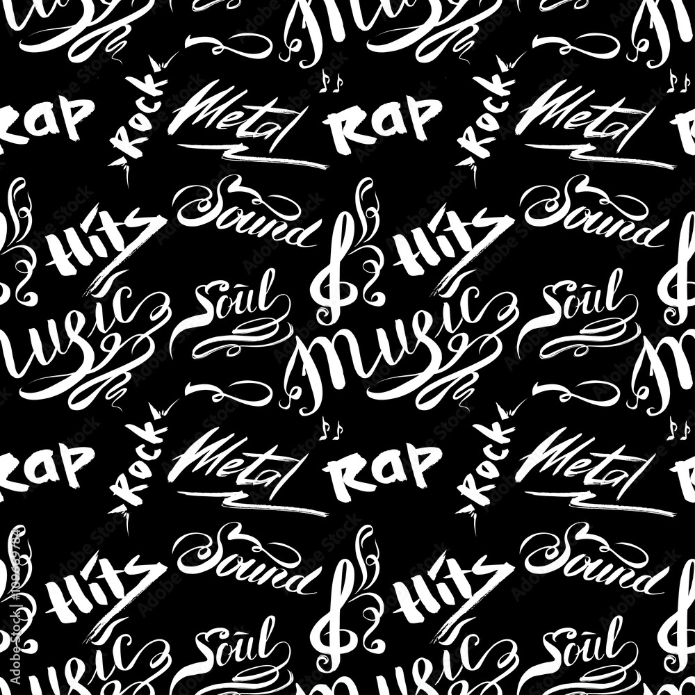 Hand drawn seamless pattern with music styles lettering signs