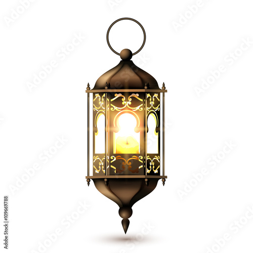 Intricate arabic lantern for ramadan celebration, isolated on white background.