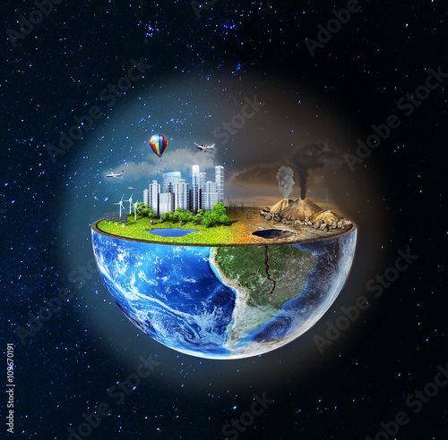 Eco concept. Half sphere of earth with light side and darker side in space. One side is eco city, different side is empty and dry ground with mountains.