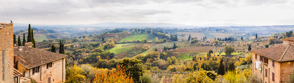 Panoramic view from San Gimignano in autumn, Tuscany, Italy