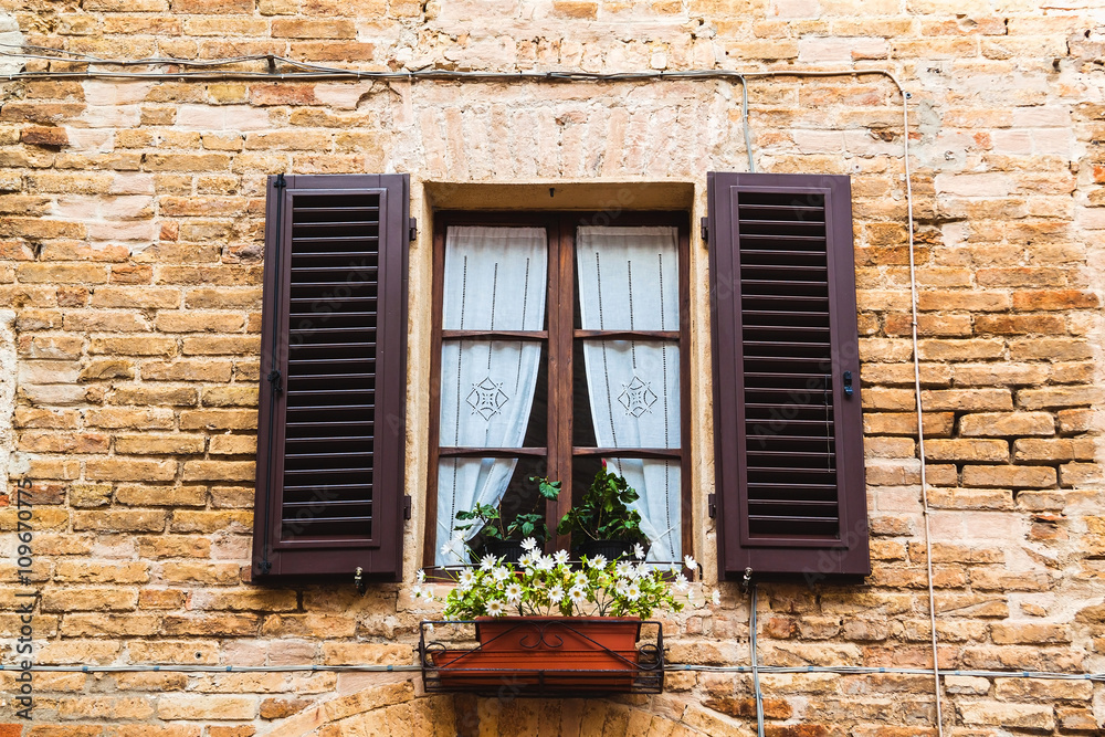 Vintage window with flowers and shutters in Italy