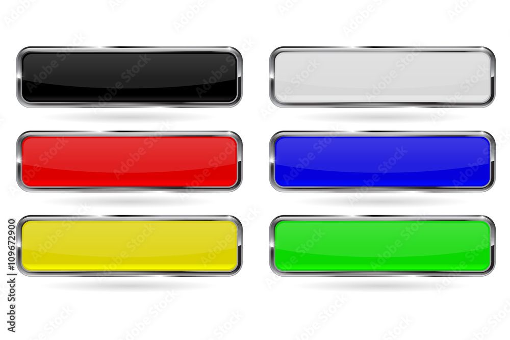 Shiny glass buttons. Set of colored square buttons with chrome frame Shiny glass buttons. Set of colored square buttons with chrome frame