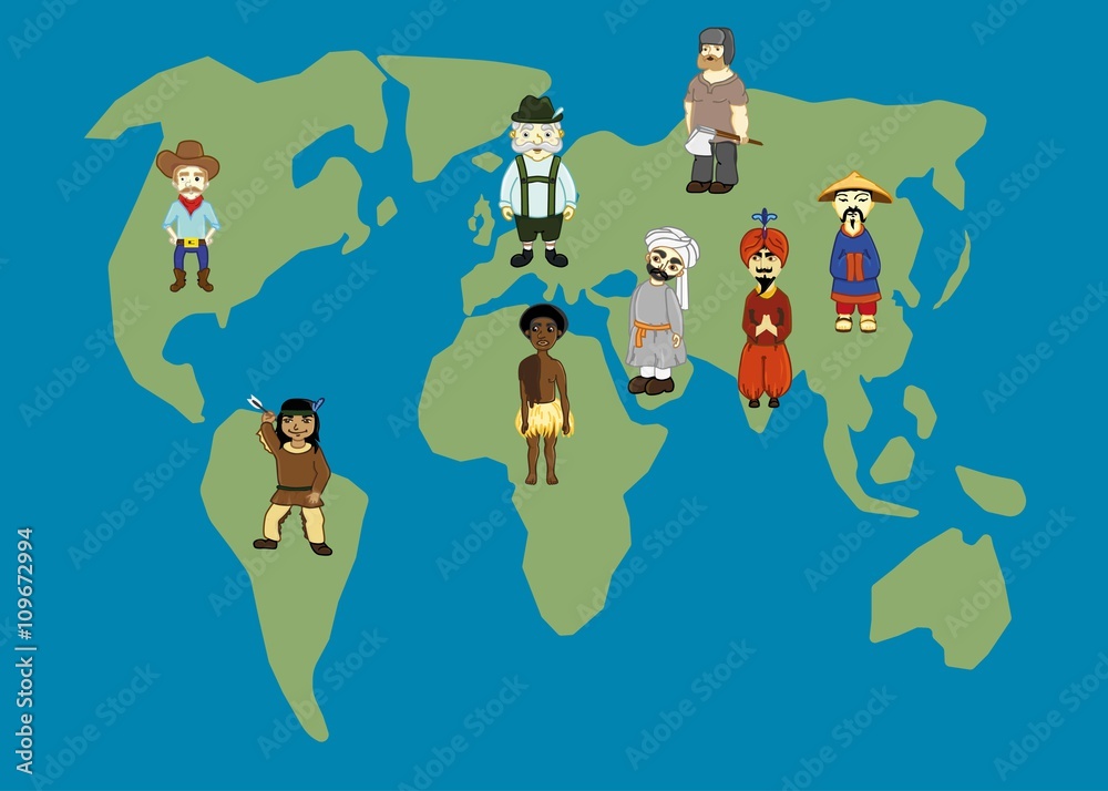World Map and people in traditional costumes. World nations: american, indian, russian, chinese, german, arabic, african. World Map and people in traditional costumes. World nations: american, indian, russian, chinese, german, arabic, african.