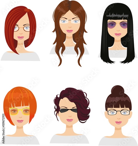 Girl avatars with different haircuts and glasses