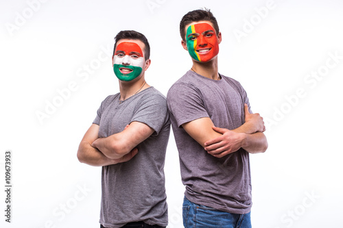Portugal vs Hungary before game on white background. European football fans concept.