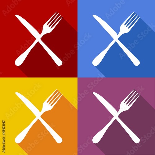 Icono plano tenedor y cuchillo con sombra en varios colore