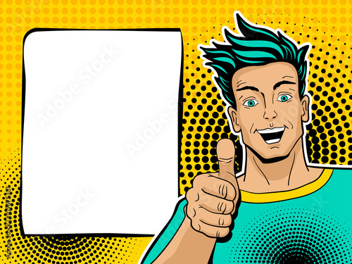 Happy handsome surprised man shows thumb up. 