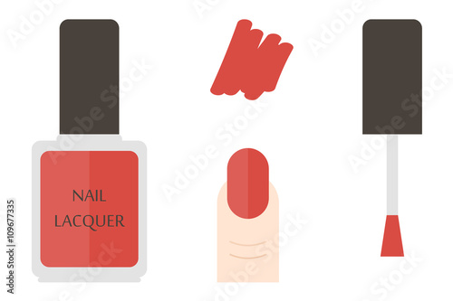 Red nail lacquer bottle and swatches, details. Vector flat design illustration.