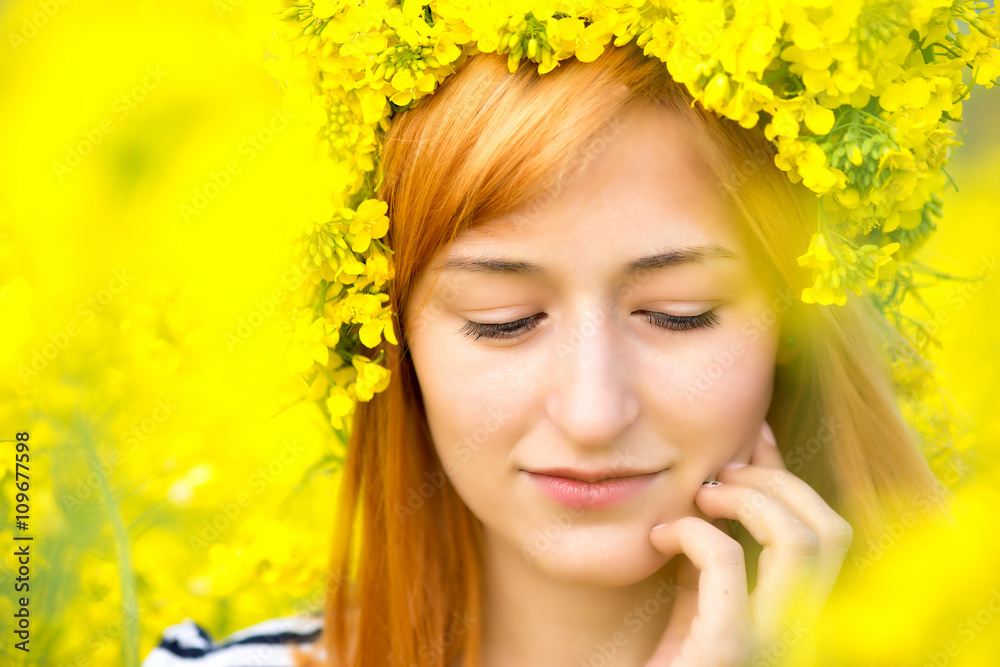 Portrait of woman with wreath of yellow flowers on the head. Portrait of woman with wreath of yellow flowers on the head.