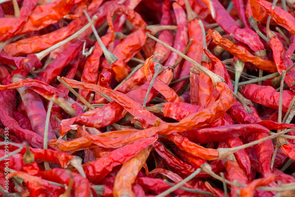 The combined red dried chillies background.
