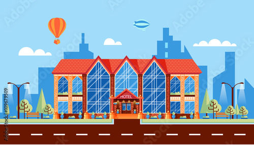 city street and hotel with large panoramic windows, modern architecture in flat style