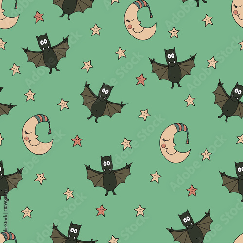 Fantastic unusual seamless halloween pattern with bats, moons an