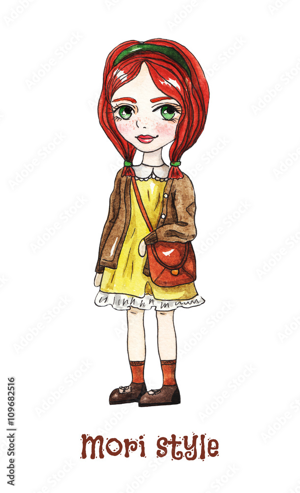 Mori style. Pretty red-haired girl, doll on white background. Watercolor illustration Mori style. Pretty red-haired girl, doll on white background. Watercolor illustration