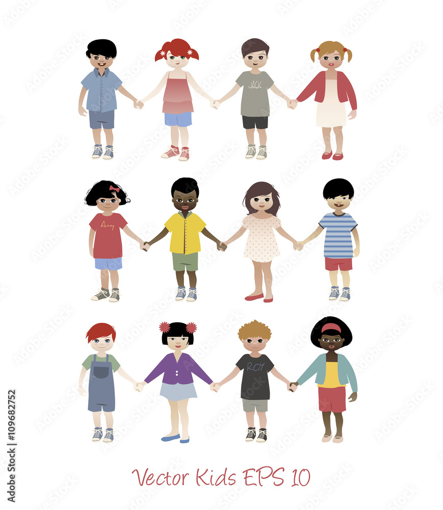 Set of little kids isolated holding hands