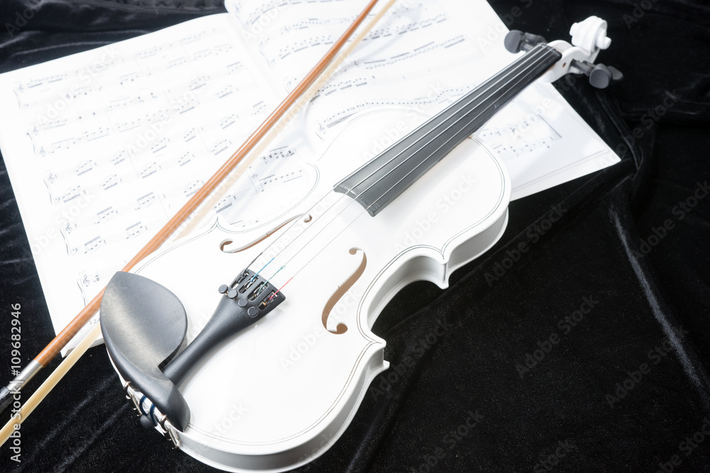 Fototapeta premium White violin isolated on black background with notes