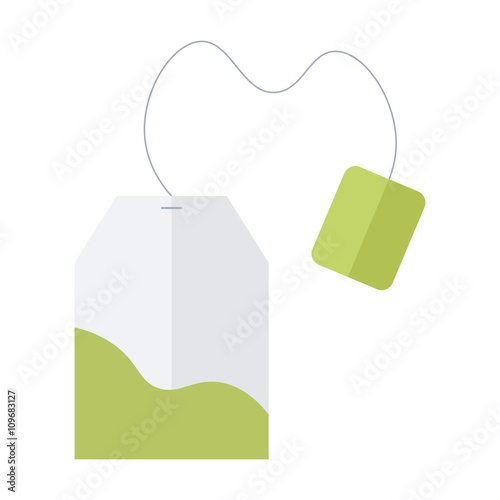 Green, herbal tea bag vector icon isolated on white background. Flat design illustration.