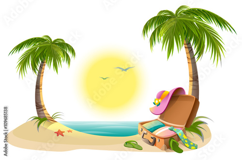 Beach holidays on summer vacations. Tropical sun, sea, palm trees, sand and open suitcase