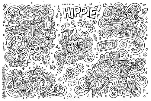 Line art set of hippie objects 
