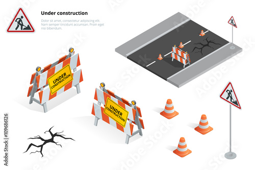 Road repair, under construction road sign, Repairs, maintenance and construction of pavement, Road closed sign with orange lights against. Flat 3d vector isometric illustration.